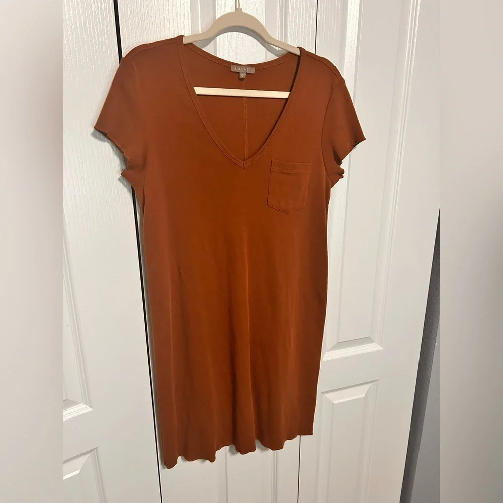 Lilla P Women’s Rust V-Neck Pocket T-Shirt Mini‎ Dress Small S Cotton Minimalist